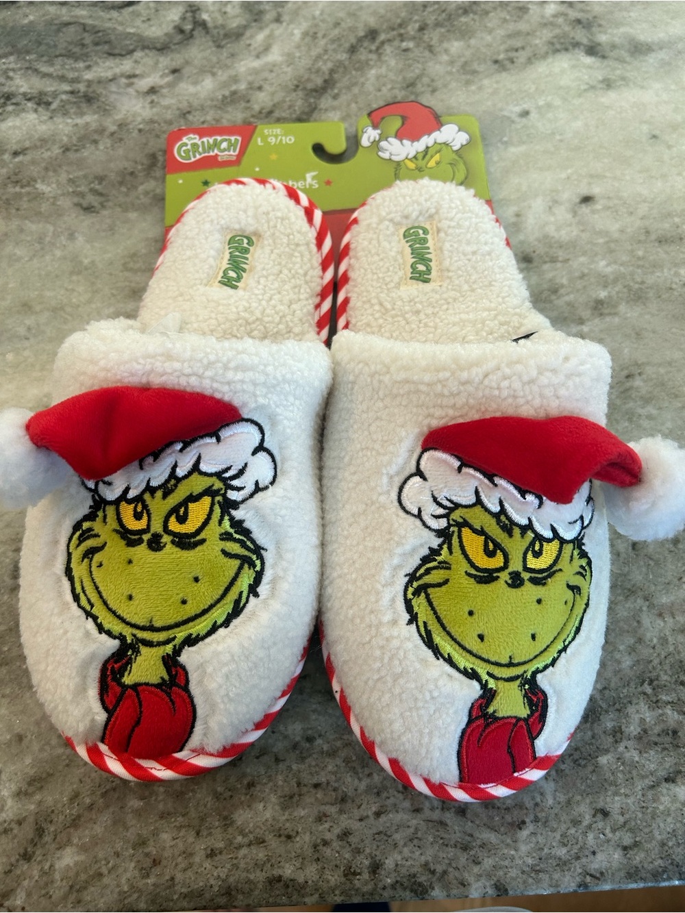 The Grinch Plush Holiday Slippers - White, Red & Green size large